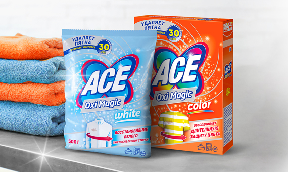 Дизайн упаковки стирального порошка и отбеливателя ACE